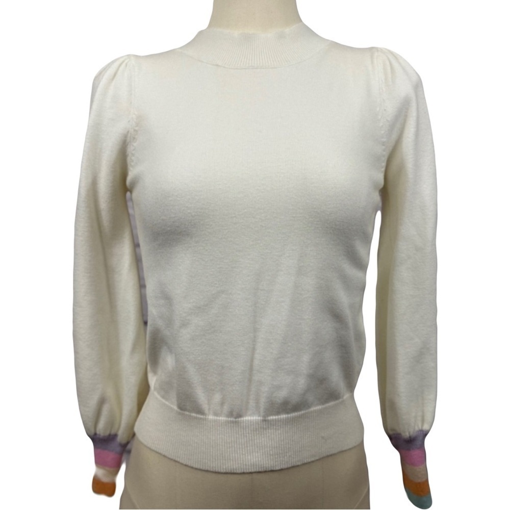 FATE women’s ivory puffed shoulder long sleeve with multi color cuffs sweater